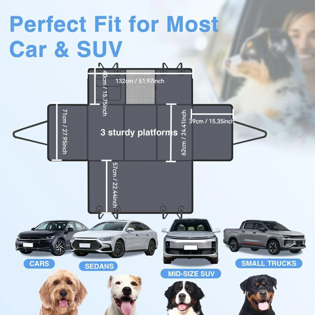 Hard-Base Dog Seat Extender size diagram with three platforms and measurements, fitting cars, sedans, mid-size SUVs and small utes