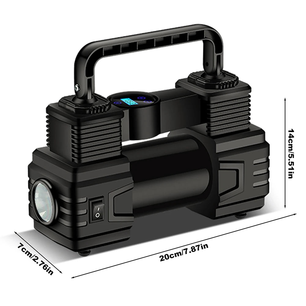 Twin-Cylinder Digital Air Compressor dimensions of 20 cm long, 7 cm wide and 14 cm high