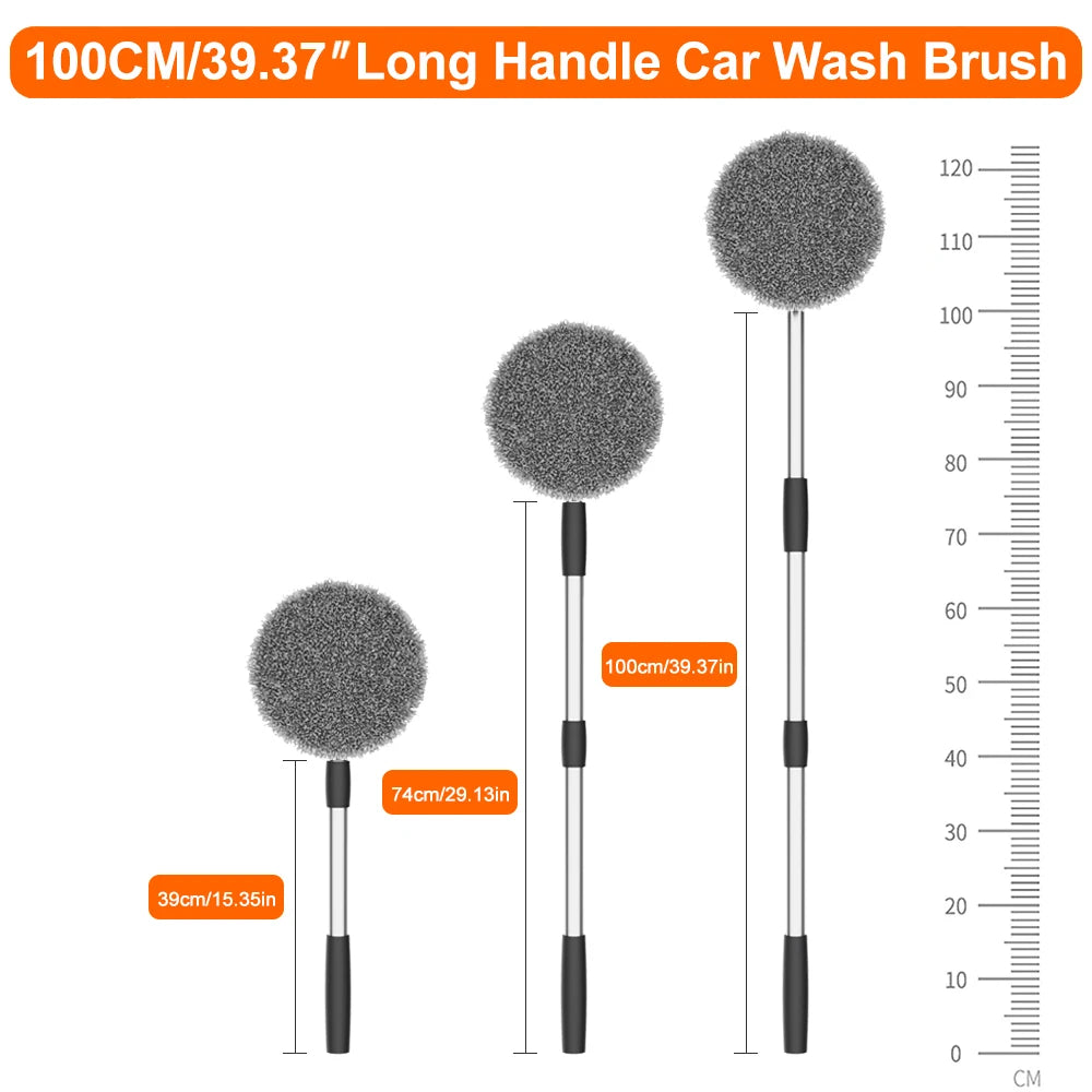 Electric Rotating Wash Mop 100cm/39.37 inch long handle car wash brush size diagram comparing three telescopic lengths of 39cm, 74cm and 100cm against a ruler
