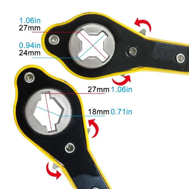 Diagram of ratchet wrench socket sizes showing 27mm, 24mm and 18mm openings for different jack and lug nut fittings