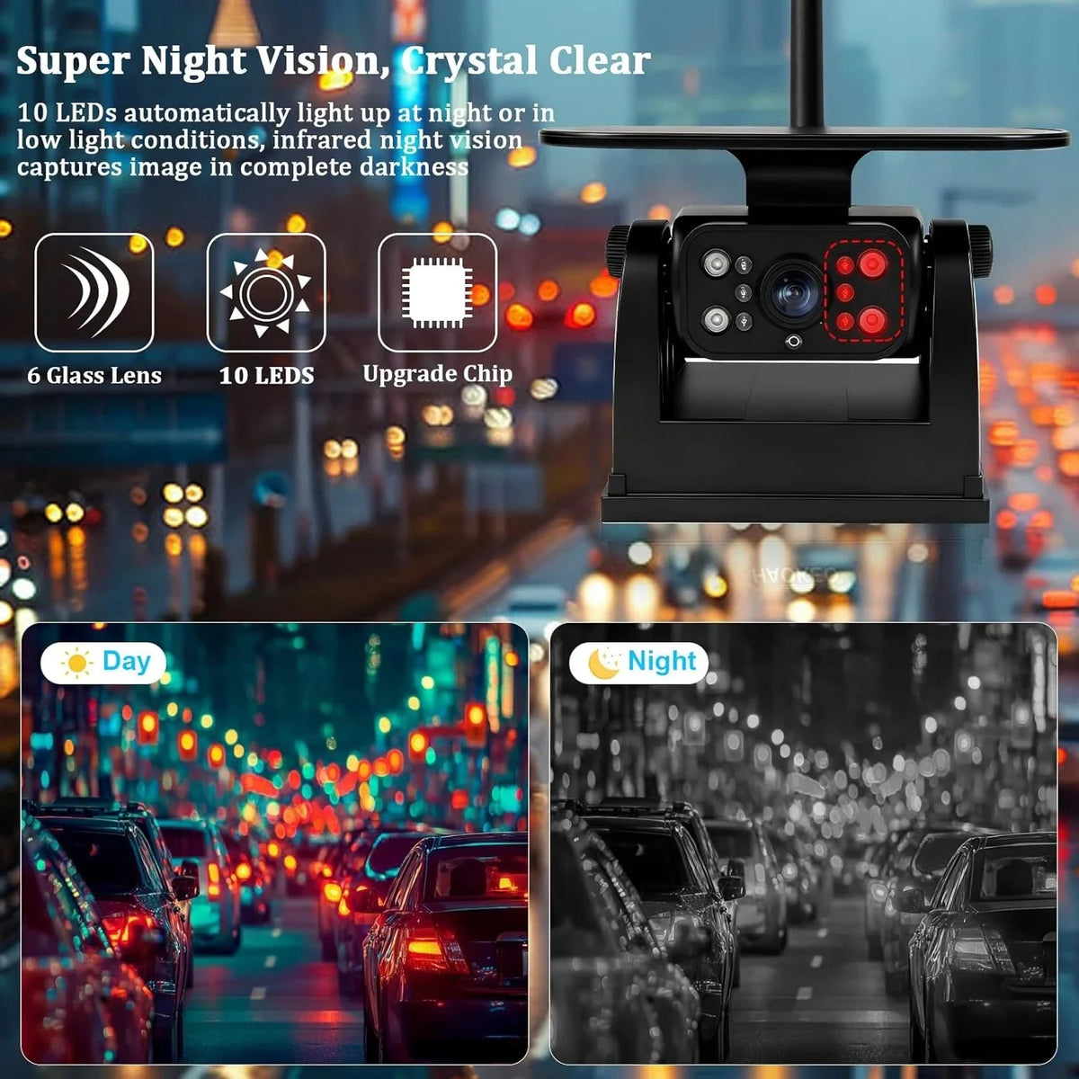 Solar WiFi Reversing Camera with 10 infrared LEDs, shown with day and night view comparisons of traffic