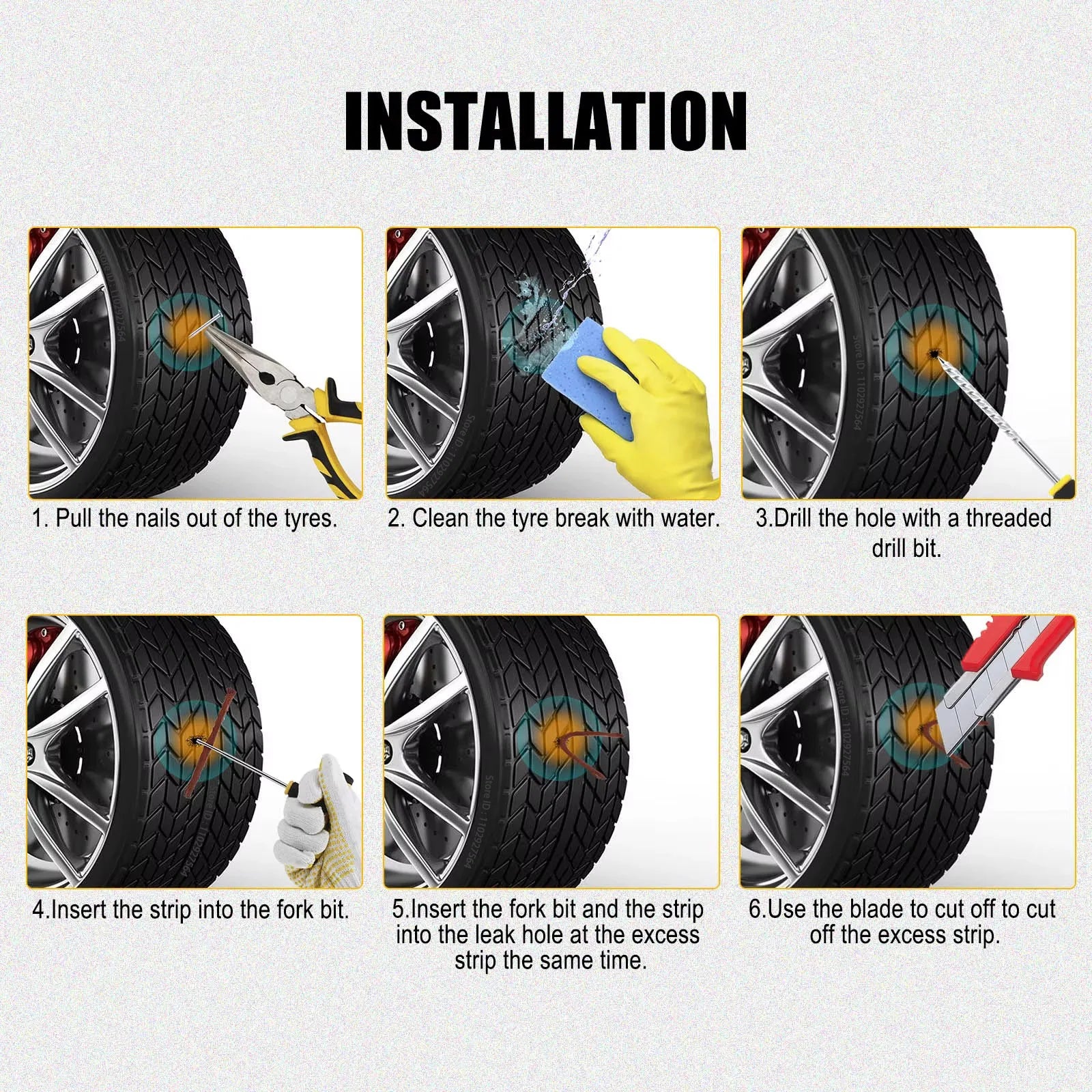 Step by step photos showing installation of the Heavy-Duty Tyre Repair Kit repair strip into a punctured tyre