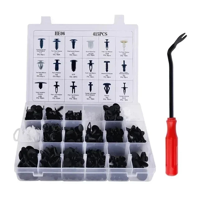 Car fastener clip kit storage case with red pick tool on a white background
