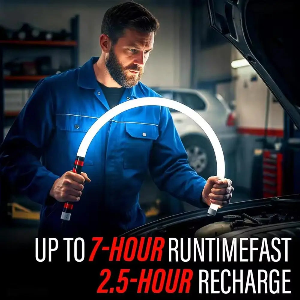 Mechanic in workshop holding illuminated Flexible LED Work Light bent around car engine bay