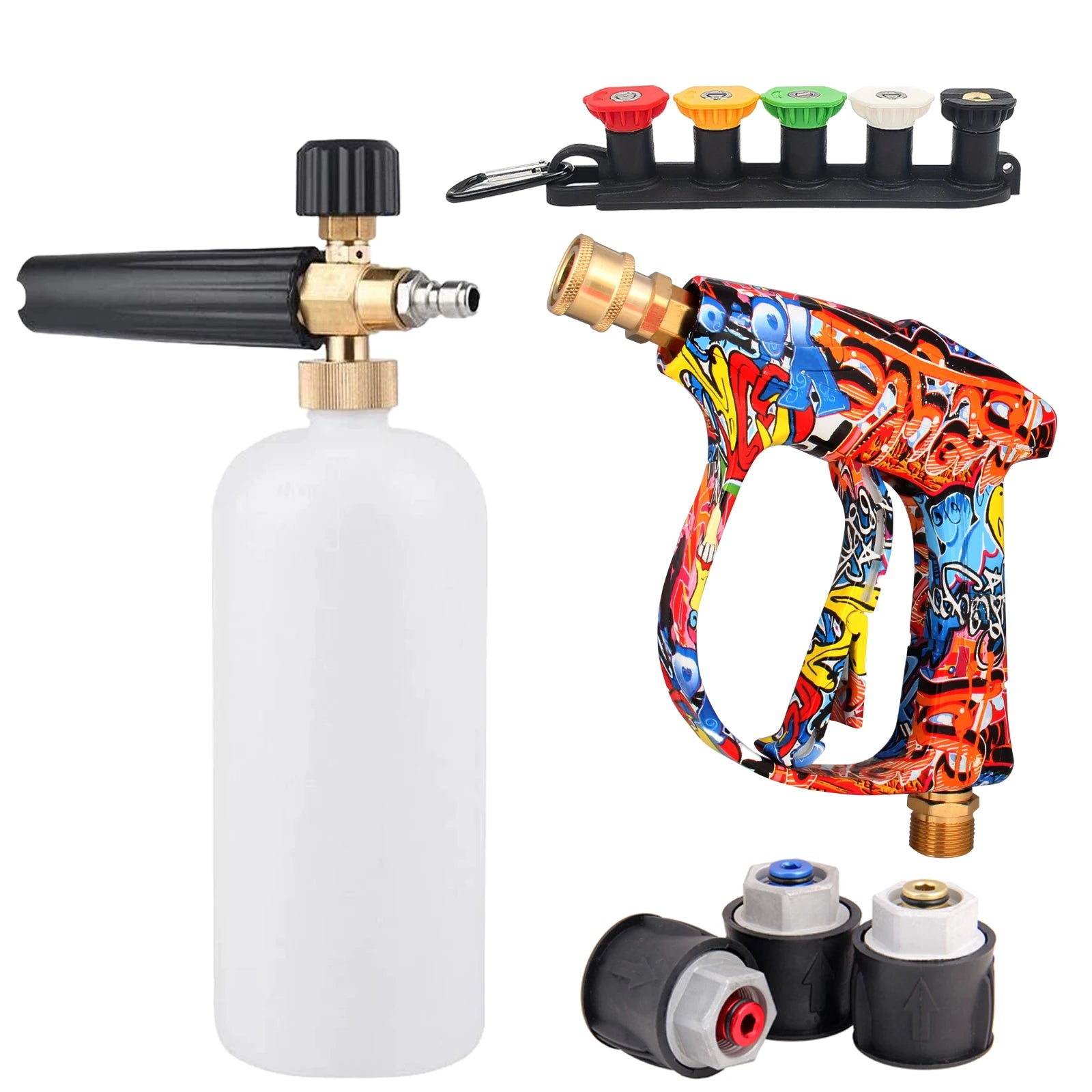 4350PSI high-pressure water gun and 1L foam cannon kit with graffiti-print spray gun on a white background