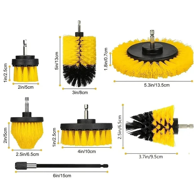 Dimension chart infographic listing the sizes in centimetres of each drill brush head in the cleaning set