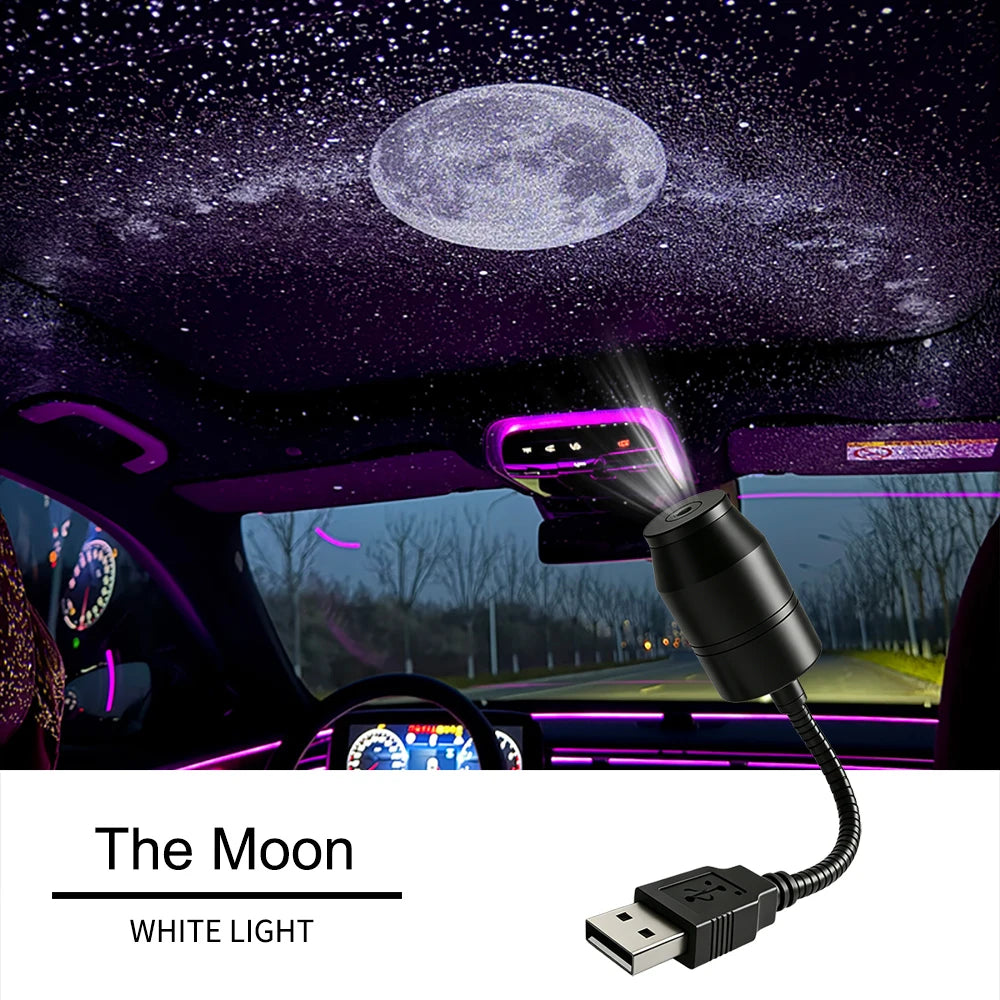 Interior Galaxy Star Light Midnight Moon pattern white light projected on car dashboard