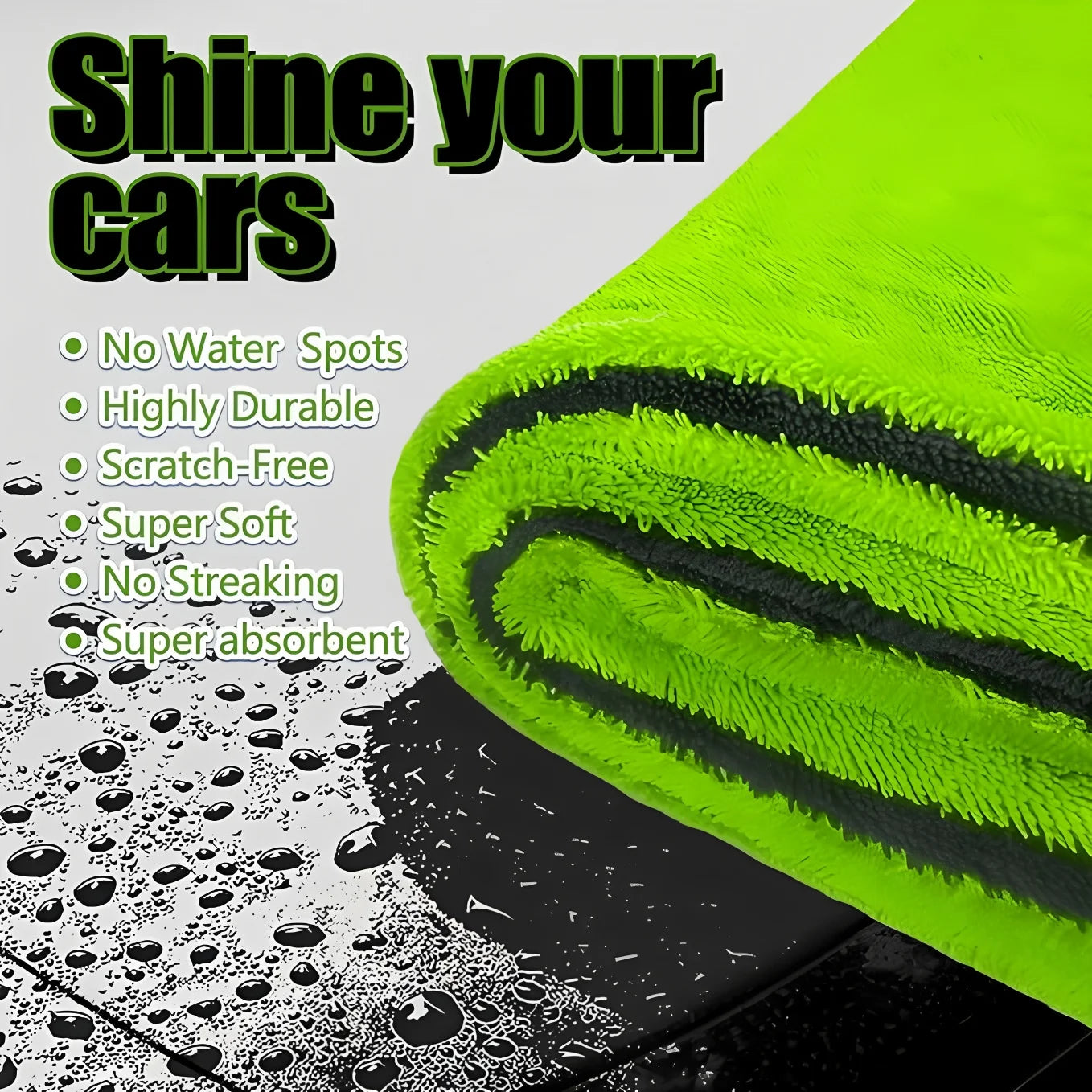 Rolled green Large Absorbent Detailing Cloth on a wet dark surface, listing features such as scratch-free, super soft and highly absorbent microfibre.