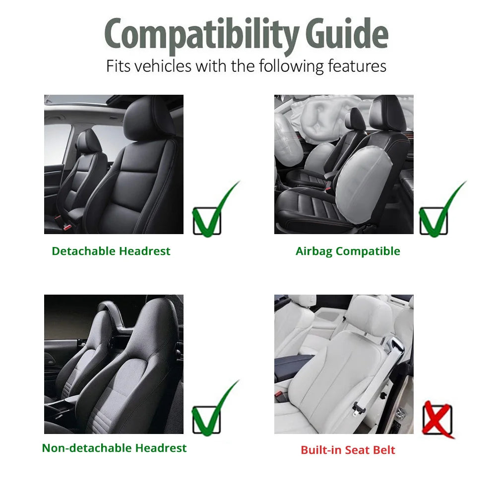 Compatibility guide showing the seat cover fits detachable and non-detachable headrests and airbags, but not seats with a built-in seat belt