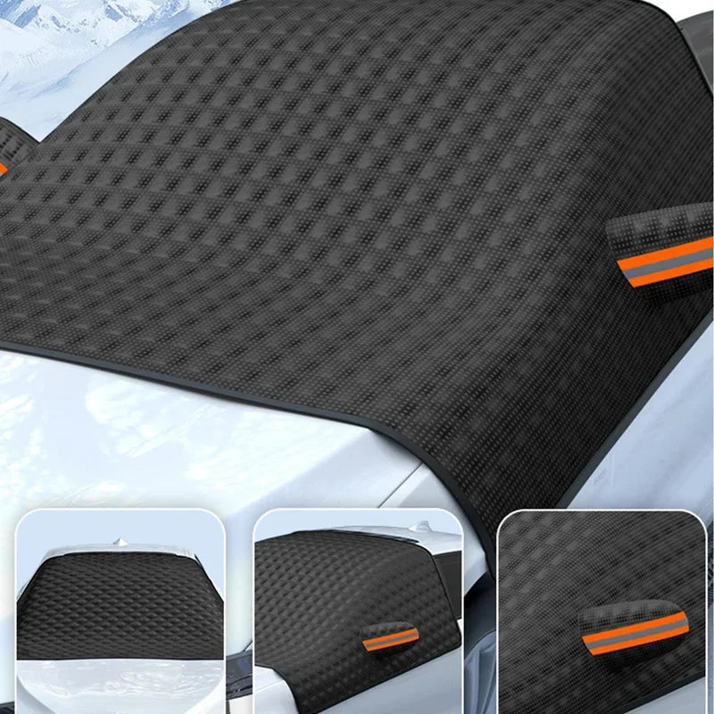 Magnetic Windshield Snow Cover texture close-up with side mirror cover and windscreen fit thumbnails