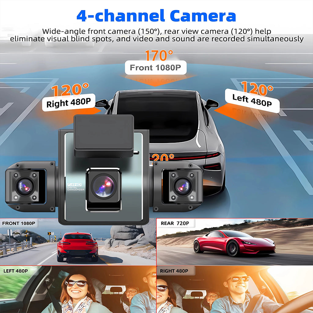 4-Channel WiFi Dash Cam collage showing four camera angle views
