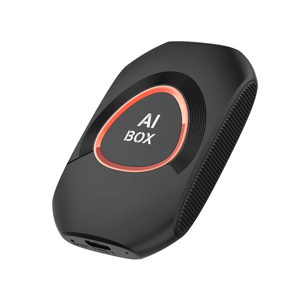 Wireless CarPlay AI Box adapter shown at an angle on a white background