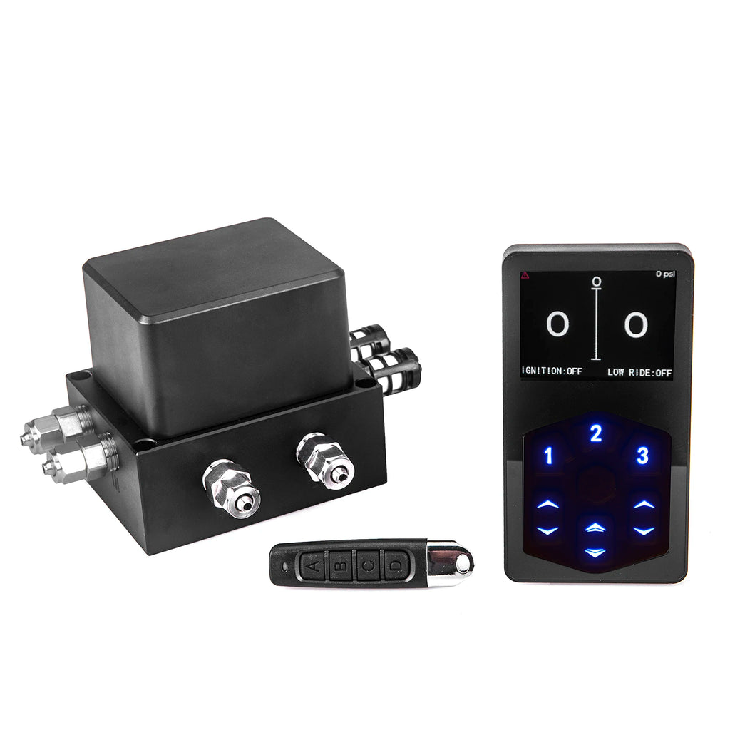 Air suspension control kit showing the electromagnetic control unit, wireless remote fob and digital ride-height control panel