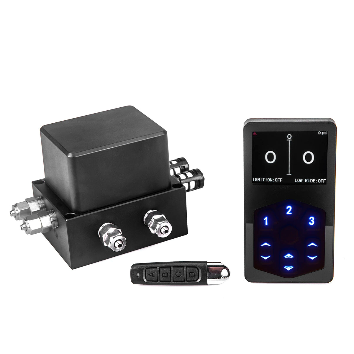 Air suspension control kit showing the electromagnetic control unit, wireless remote fob and digital ride-height control panel
