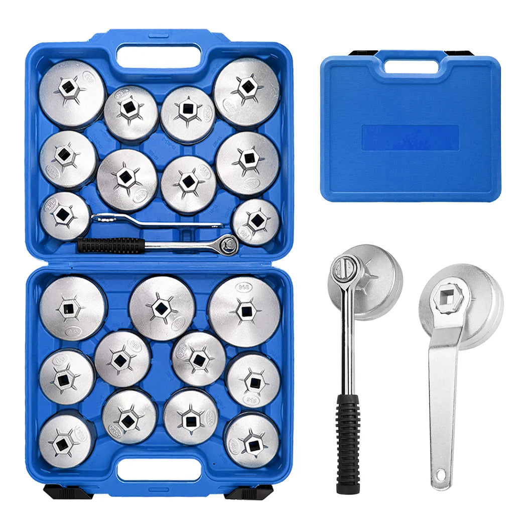 Oil Filter Wrench Kit displayed open in a blue case with 23 cup sockets, ratchet handle and adjustable wrench