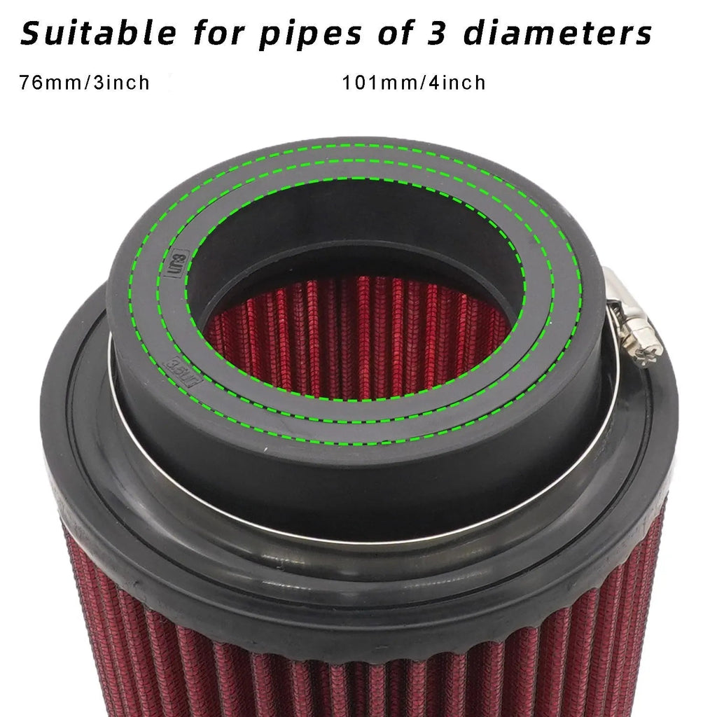 Cold air intake filter fitment diagram showing compatible pipe diameters of 76mm, 89mm and 101mm