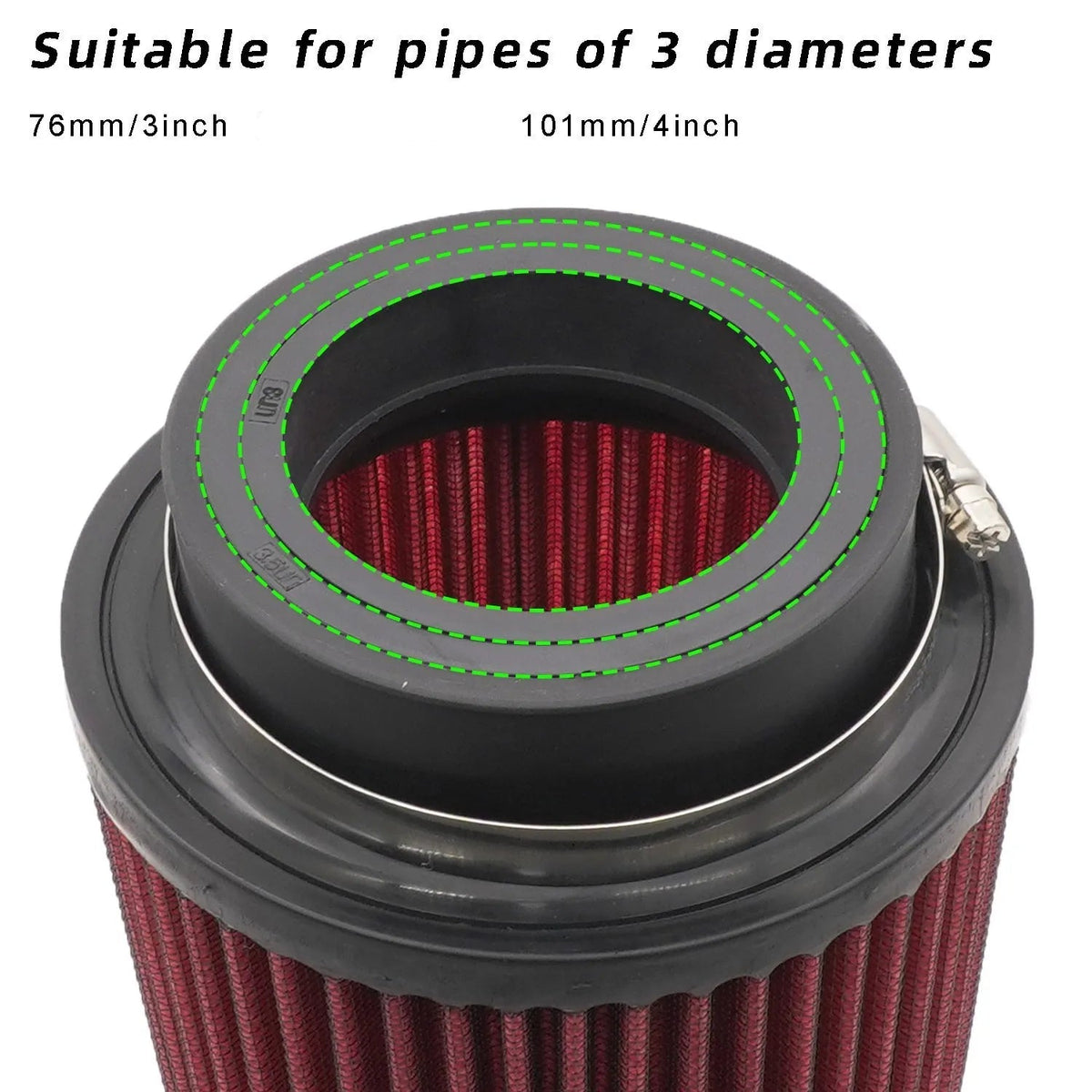 Cold air intake filter fitment diagram showing compatible pipe diameters of 76mm, 89mm and 101mm