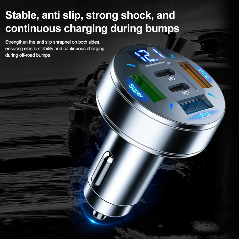 5-Port Fast Car Charger angled over an off-road vehicle scene showing stable anti-slip charging during bumps