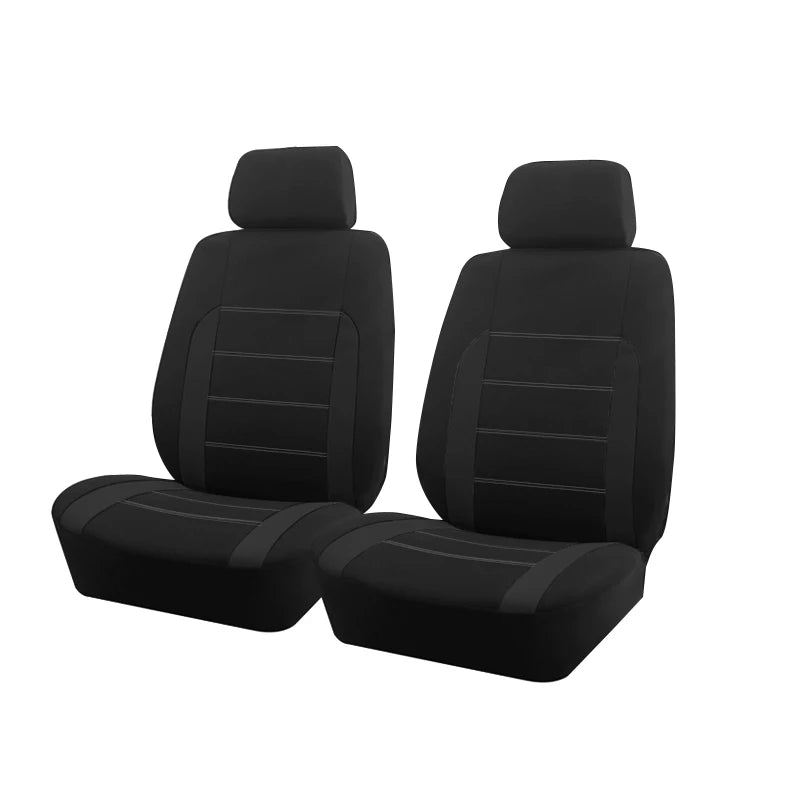Universal Car Seat Covers in black fitted to front and rear car seats on a plain background