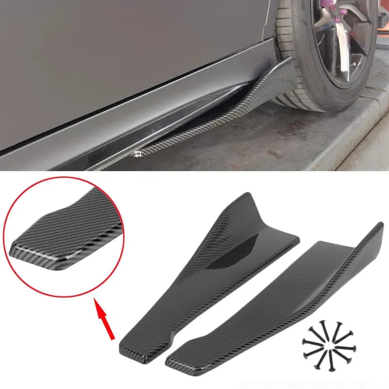 Carbon fibre pattern side skirt splitter fitted along the rocker panel of a dark grey car near the rear wheel, with a close-up detail circle and the splitter pair shown separately with mounting screws