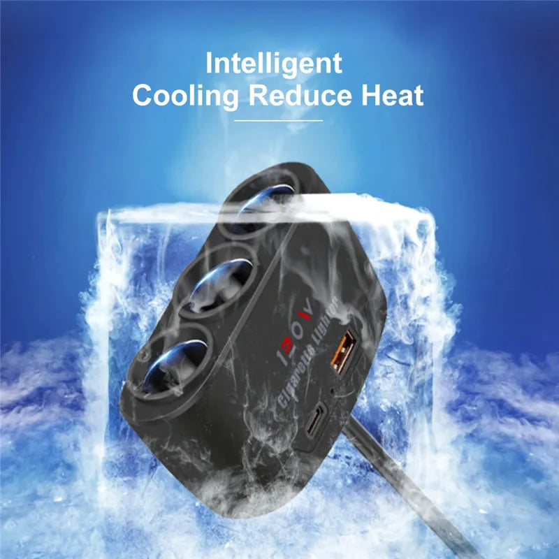 Multi-Port Car Charger Hub encased in ice illustrating its intelligent cooling and heat reduction technology