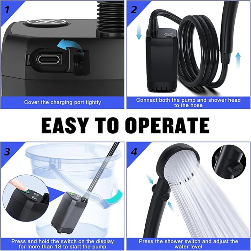 Four-step setup of the Digital Display Camp Shower: seal the charging port, connect the hose, place the pump in a bucket and switch on