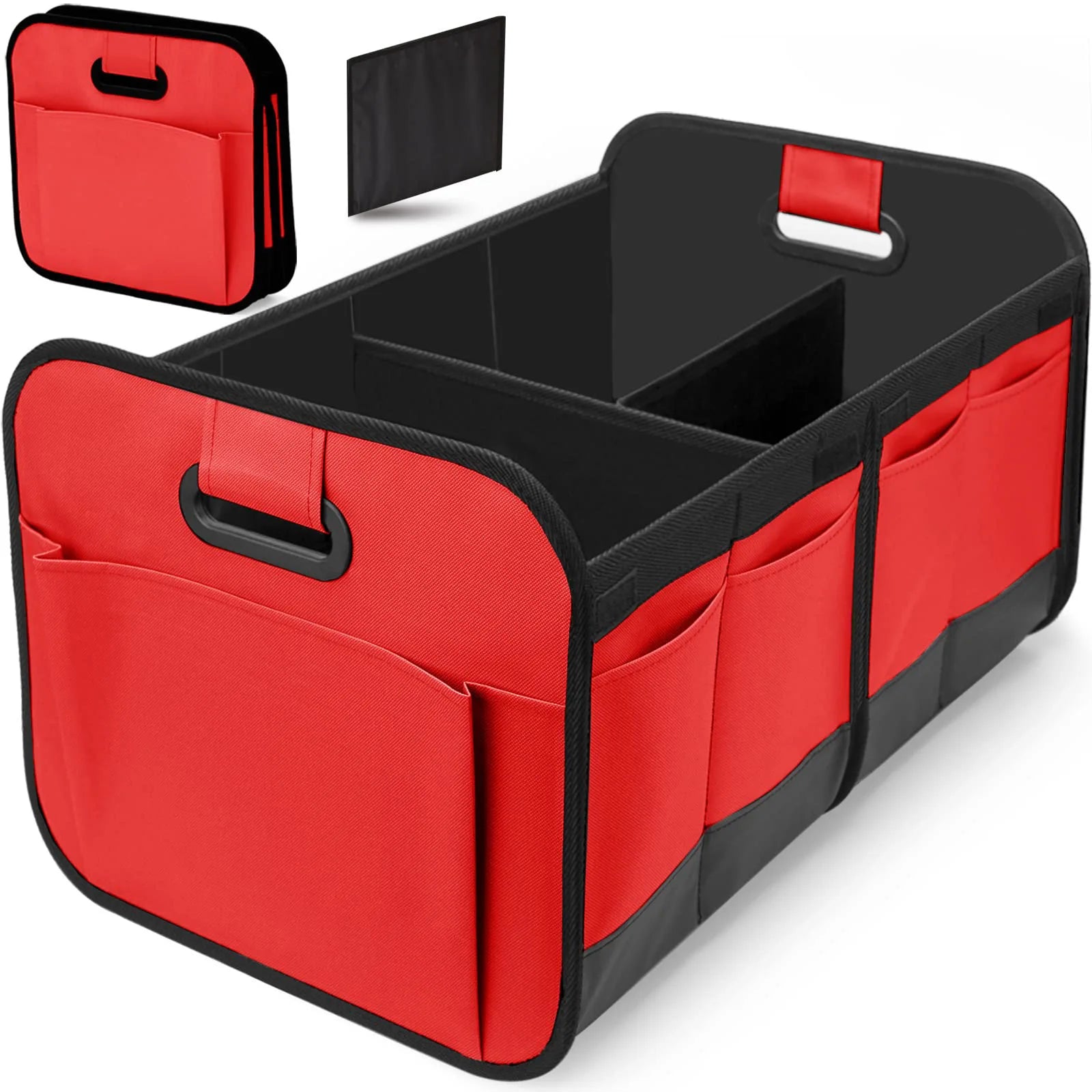 Red foldable boot organiser shown open with compartments and side pockets, plus a folded-flat view and fabric swatch