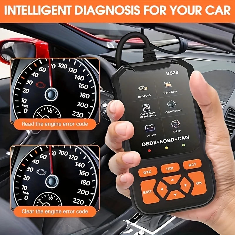 Advanced OBD2 Scanner held in hand showing live diagnostic reading with car dashboard blurred in background