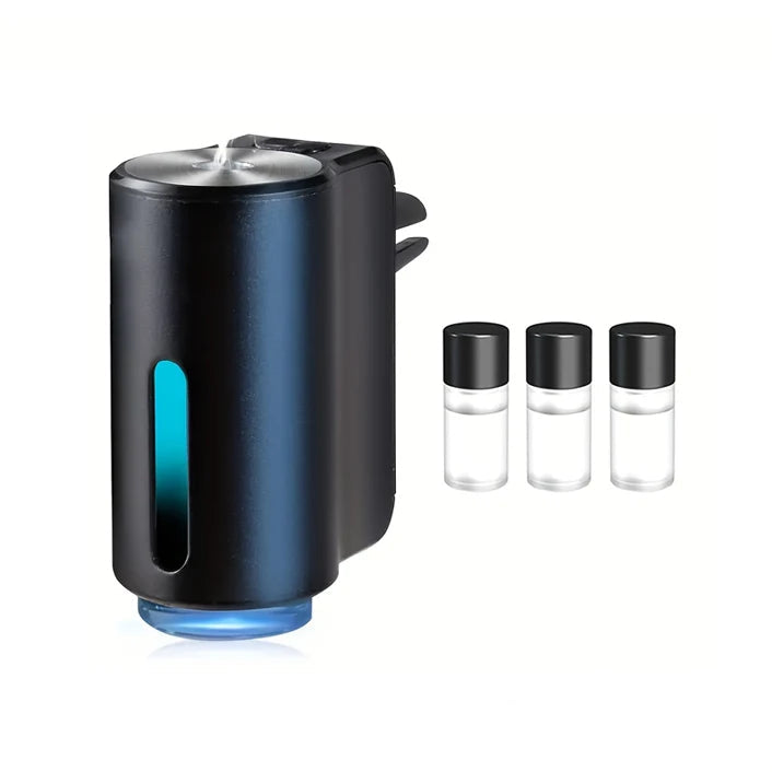 Smart Vent Aroma Diffuser in matte black with blue ambient light, shown with three glass essential oil refill bottles