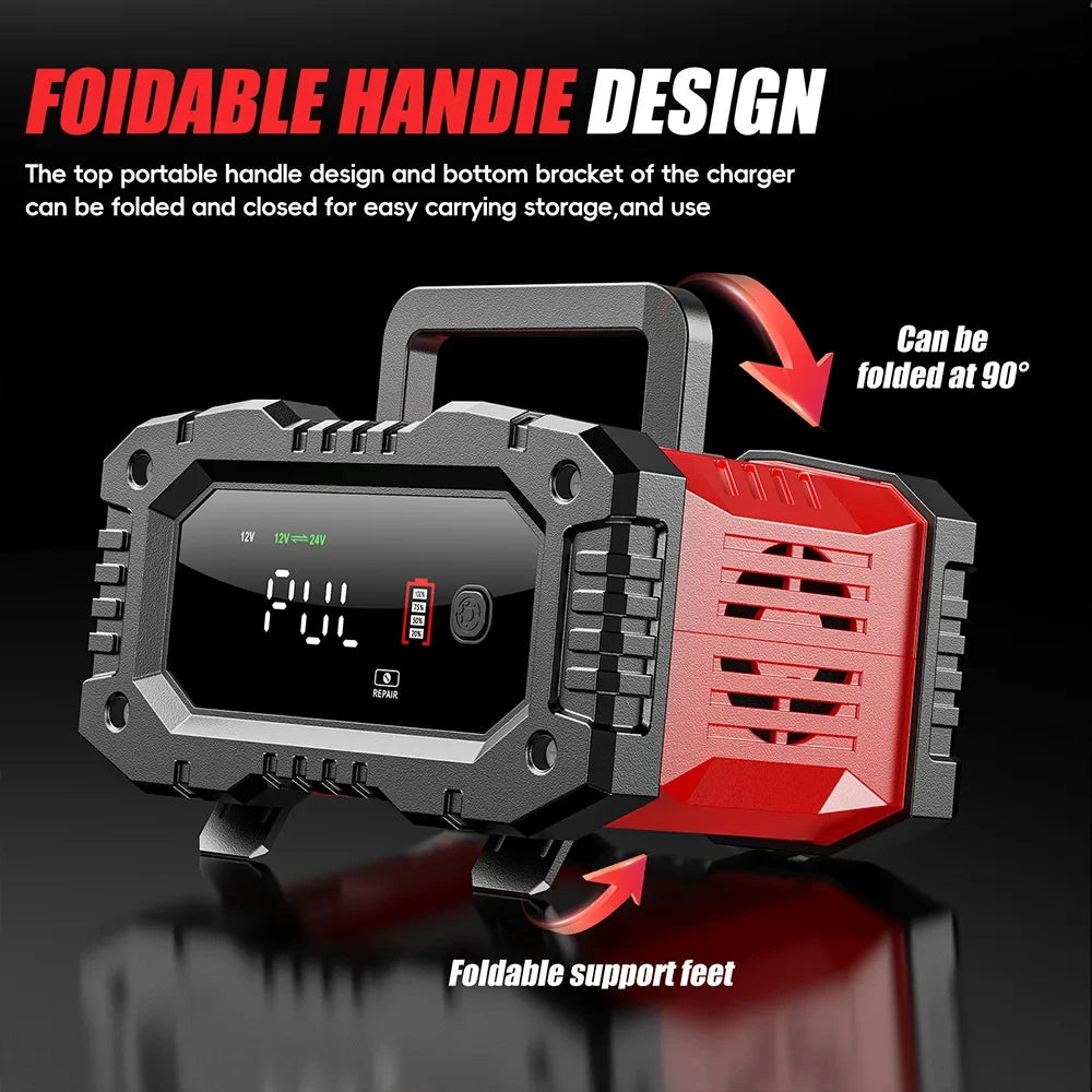 7-Stage Smart Battery Charger showing folding carry handle and foldable support feet
