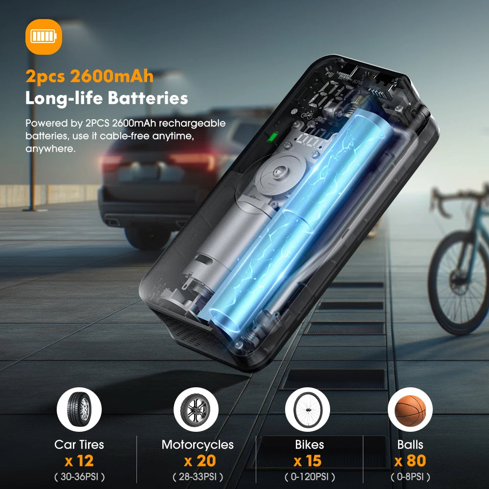 Cordless Tyre Inflator Battery Capacity for Car Tyres Motorcycles Bikes and Balls
