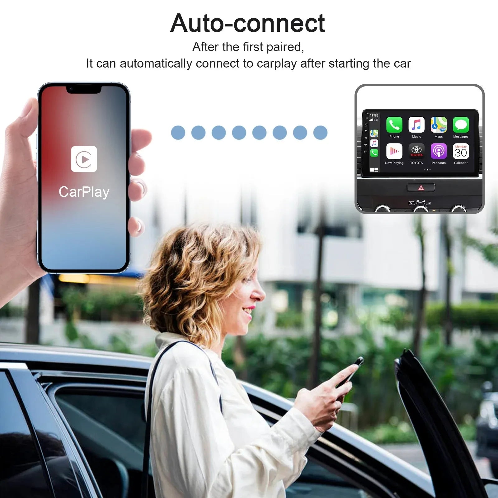 Woman standing beside her car using a smartphone paired with the Wireless CarPlay Adapter.