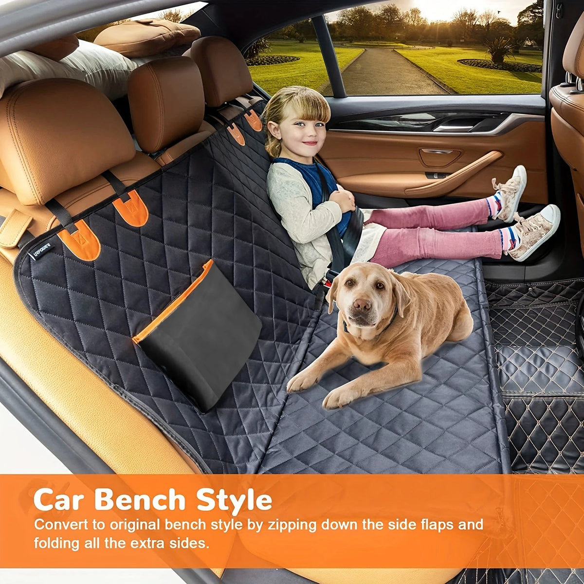 Convertible Dog Seat Hammock in bench seat mode with a girl and a dog sitting on the quilted cover across the back seat