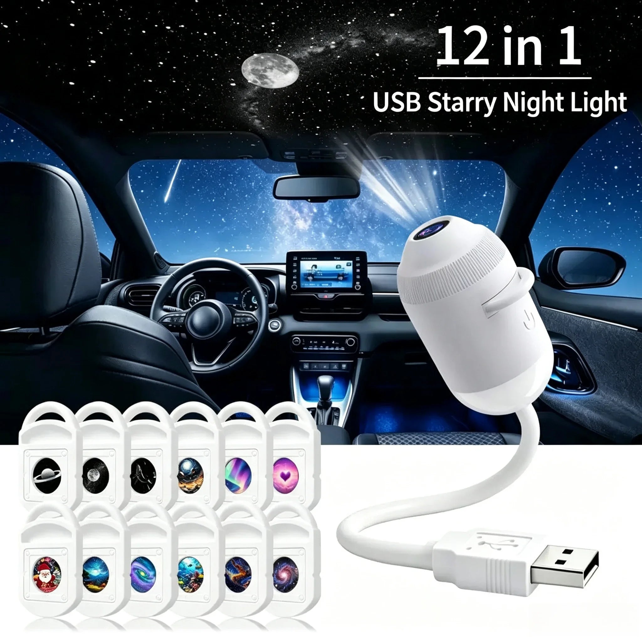 12-in-1 USB Starry Night Light film disc set for the Galaxy Star Projector, shown with a car interior star projection