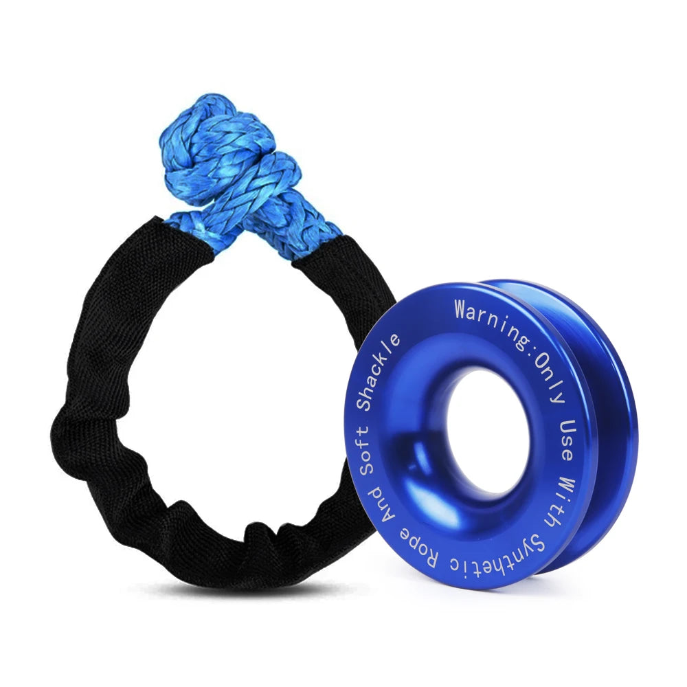 Blue soft shackle rope loop beside a blue anodised aluminium recovery ring with safety warning text
