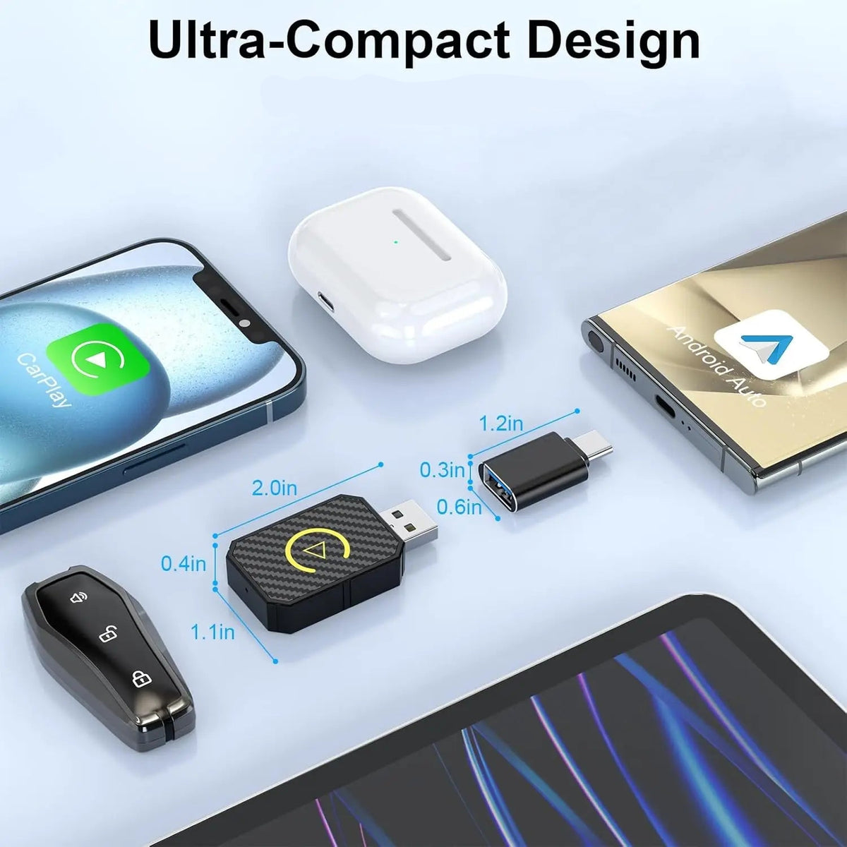 Carbon Wireless CarPlay Adapter and USB-C adapter with dimensions, shown beside a phone, earbuds case and car key for scale