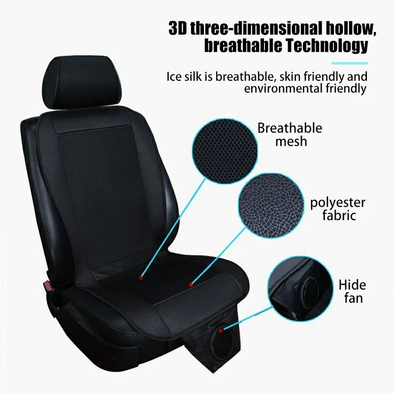 Ventilated Car Seat Cushion installed on car seat with feature callout icons