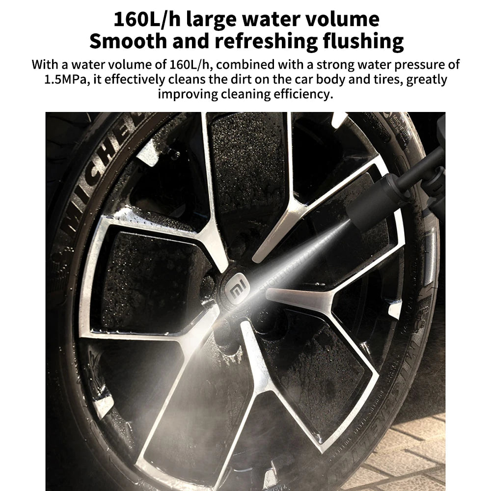 Cordless Car Pressure Washer spraying a high-pressure jet to clean a car alloy wheel and tyre, 160 L/h flow