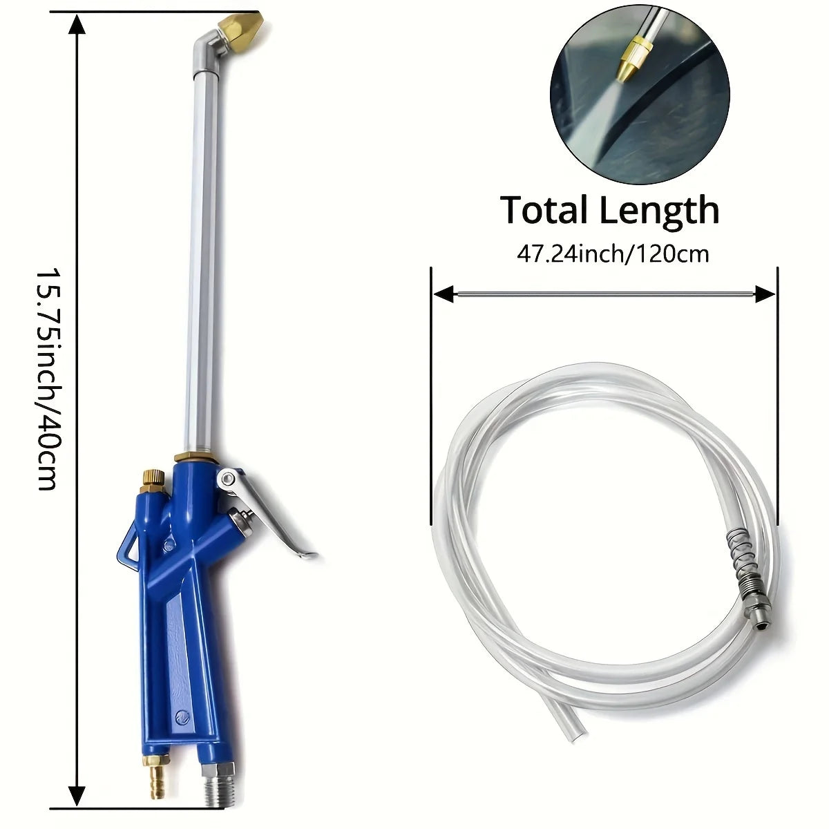Pneumatic detailing air gun dimensions diagram showing a 40cm handle length and 120cm extension hose length