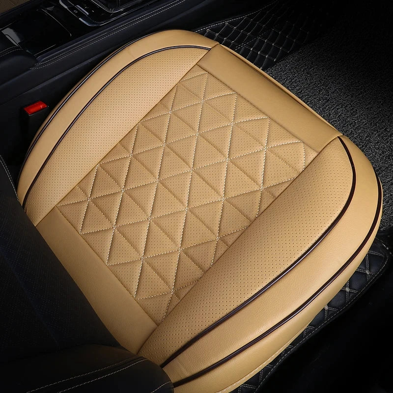 Front Seat Cushion Cover in beige fitted to a car seat, close-up angled view