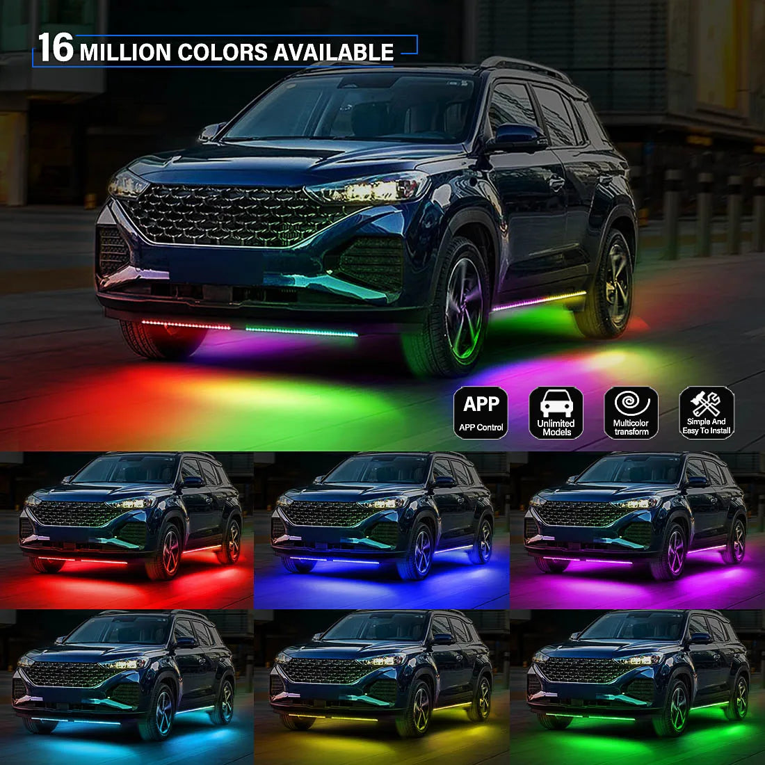 RGB Underglow Light Kit showing 16 million available colours across six vehicle lighting examples
