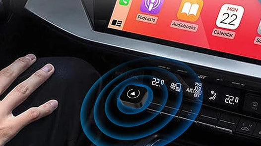 Car dashboard with wireless car adapter and smartphone displaying connectivity options, text 'Plug and Play' and '5-10s quick start'.