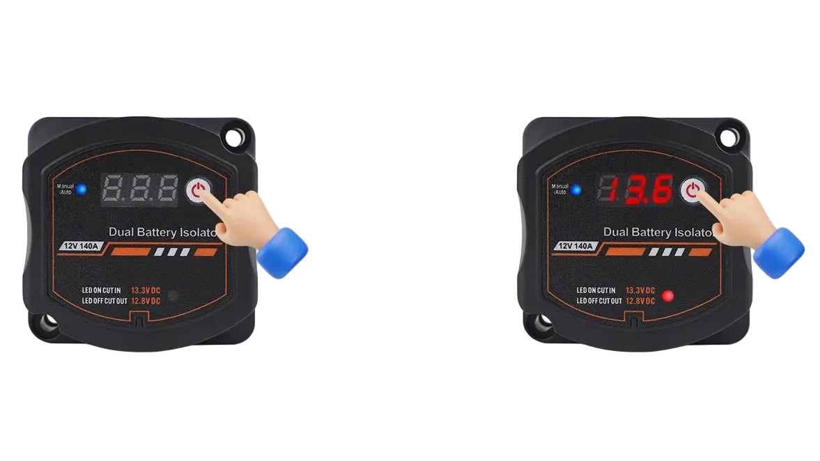 Instruction diagram showing how to switch a dual battery inverter between Automatic and Manual modes, with labeled panels, arrows, and hand icons demonstrating button presses and disconnection.