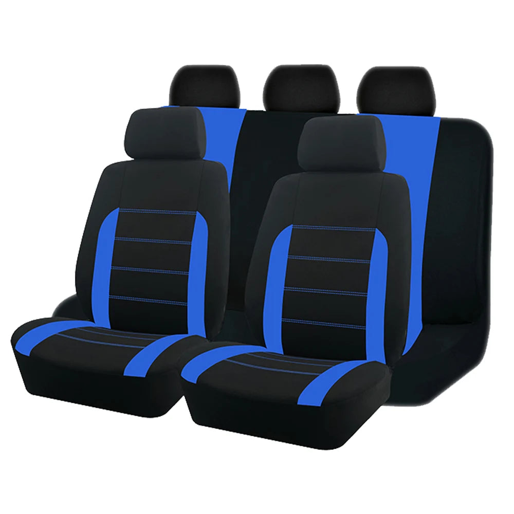 Universal Car Seat Covers in black and blue fitted across a full row of front and rear seats