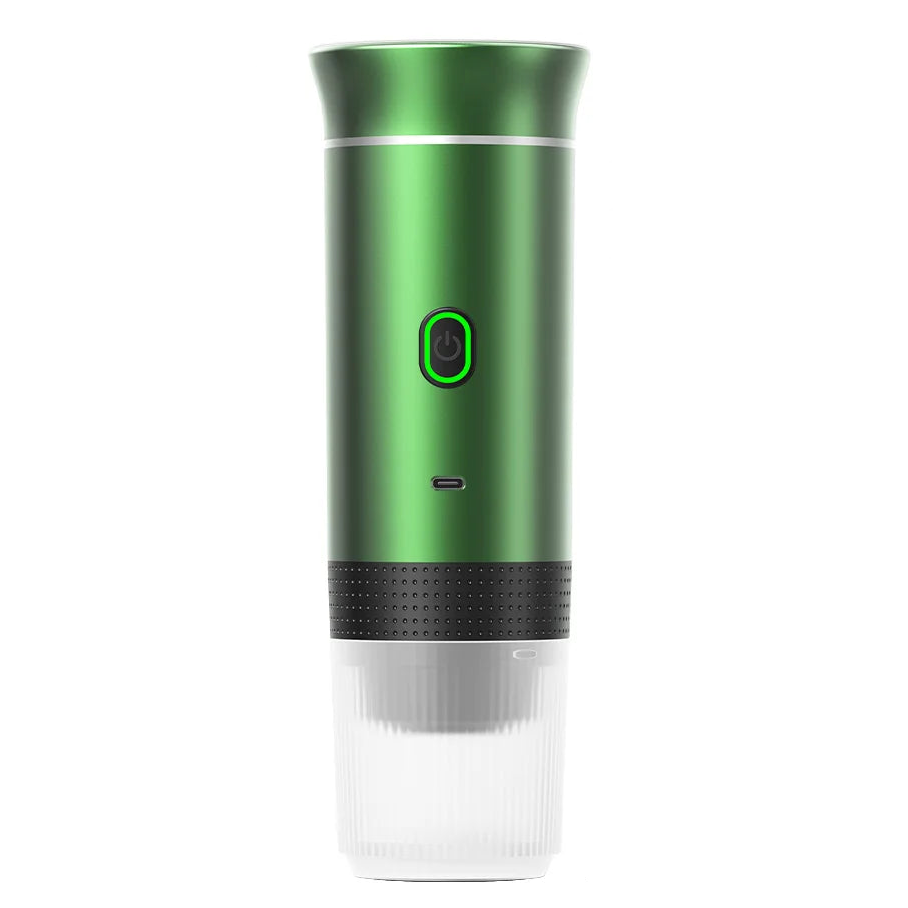 Green Portable Espresso Maker with power button and clear drip cup