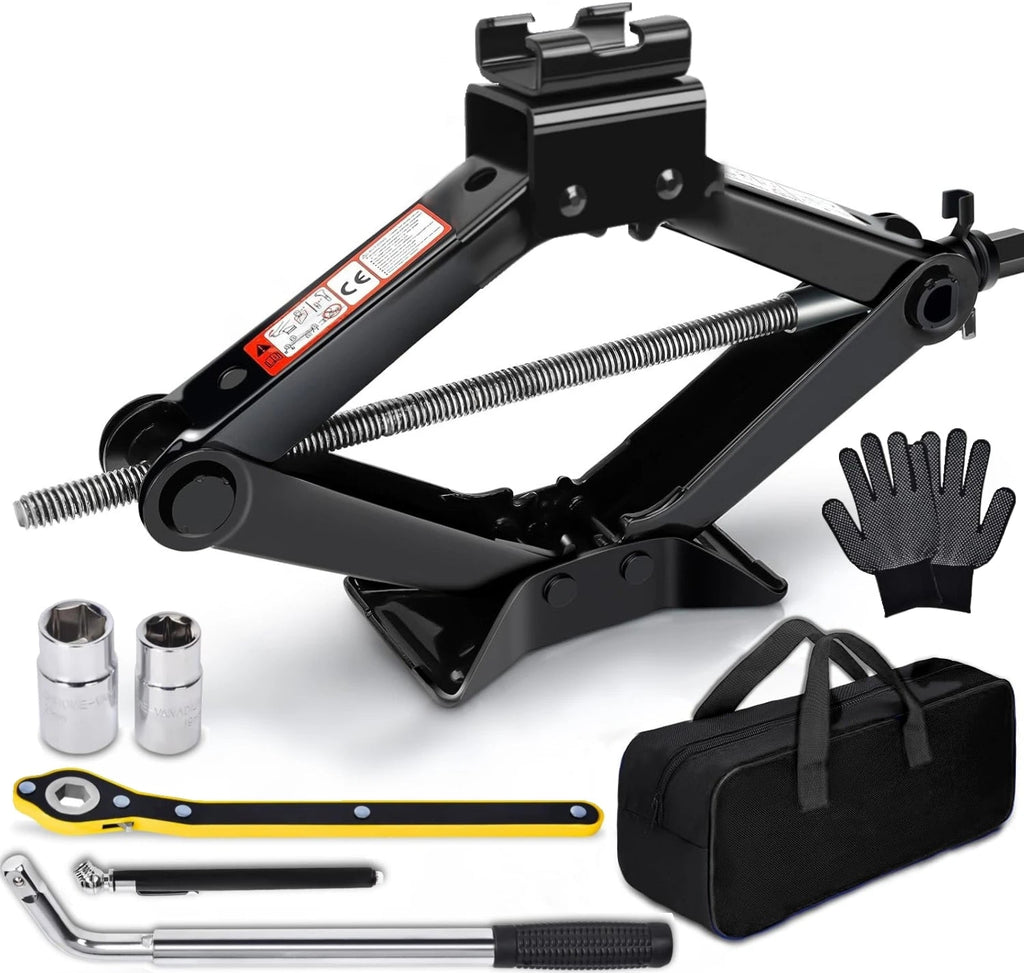 2.5 Ton Scissor Jack Emergency Kit with ratchet wrench, sockets, gloves and carry bag on white background