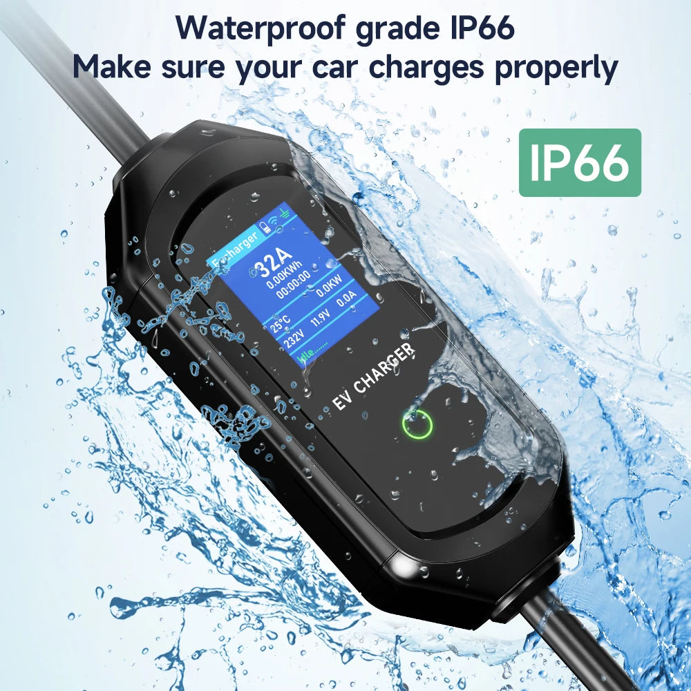 Portable EV charger with water splashing over it illustrating its IP66 waterproof rating