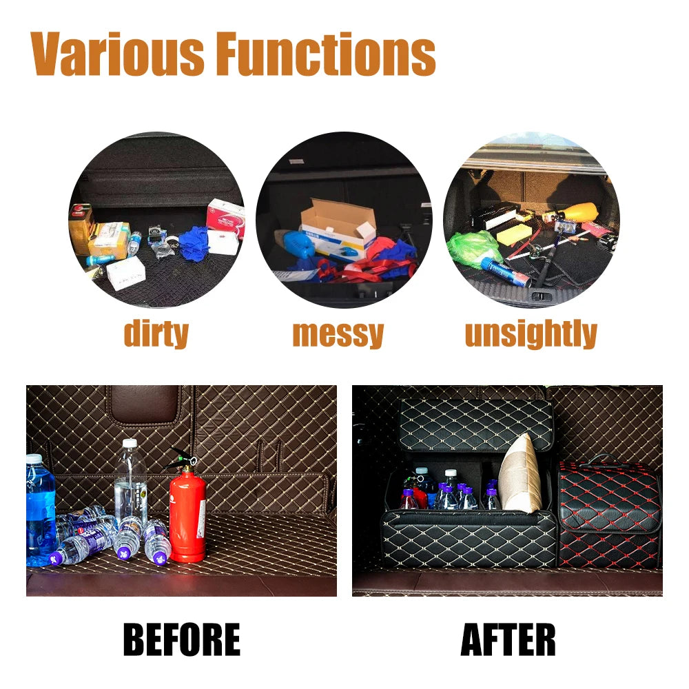 Before and after comparison showing a messy car boot organised neatly using the Heavy-Duty Leather Car Boot Organiser