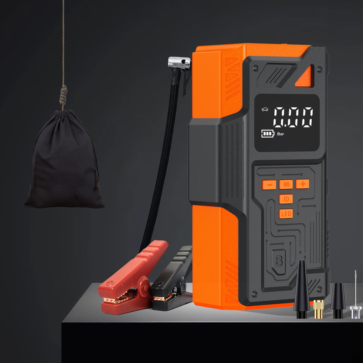 5000A Jump Starter & Inflator with air hose, jumper clamps, nozzle adaptors and drawstring storage bag
