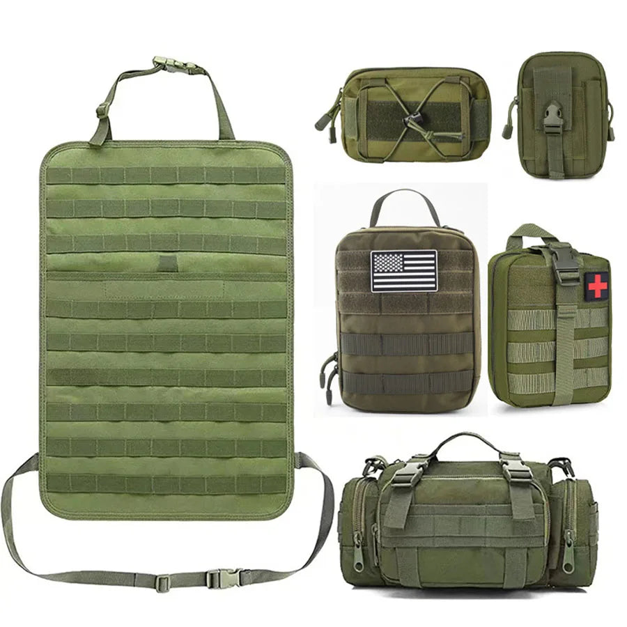 Heavy-Duty Car Back Seat Organiser tactical storage bag set in olive green 600D Oxford fabric.